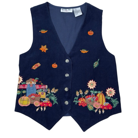 Victoria Jones Petites Fall Harvest Embroidered Corduroy Vest Pumpkins Scarecrow - Picture 5 of 8